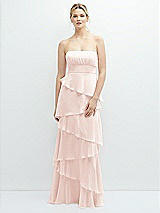 Front View Thumbnail - Blush Strapless Asymmetrical Tiered Ruffle Chiffon Maxi Dress