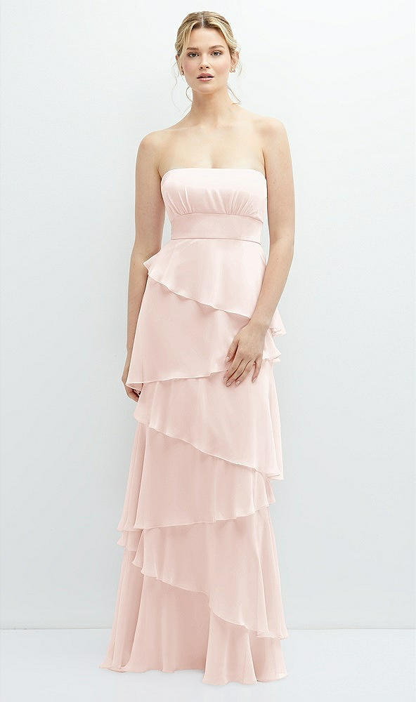 Front View - Blush Strapless Asymmetrical Tiered Ruffle Chiffon Maxi Dress