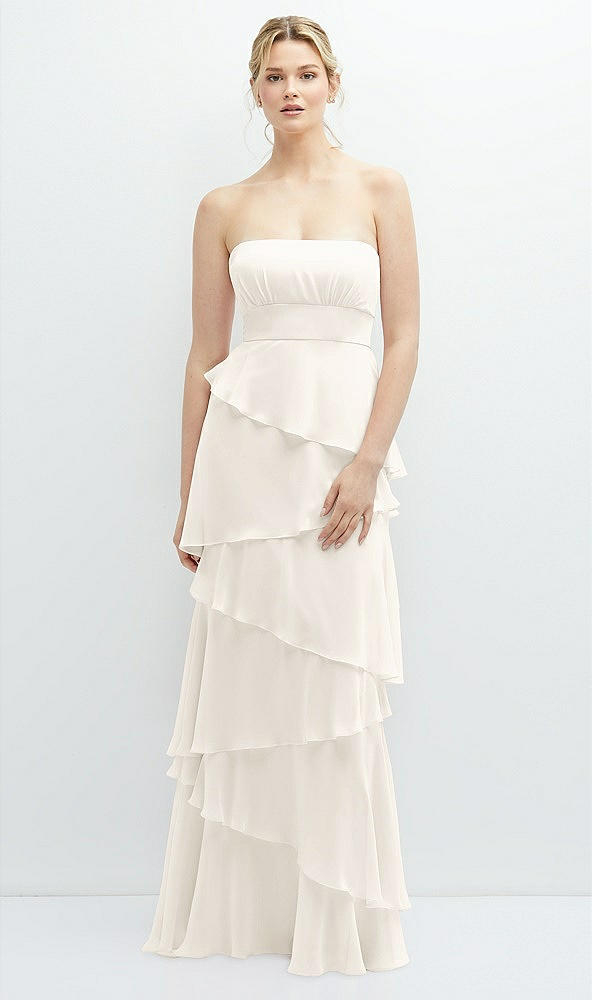 Front View - Ivory Strapless Asymmetrical Tiered Ruffle Chiffon Maxi Dress