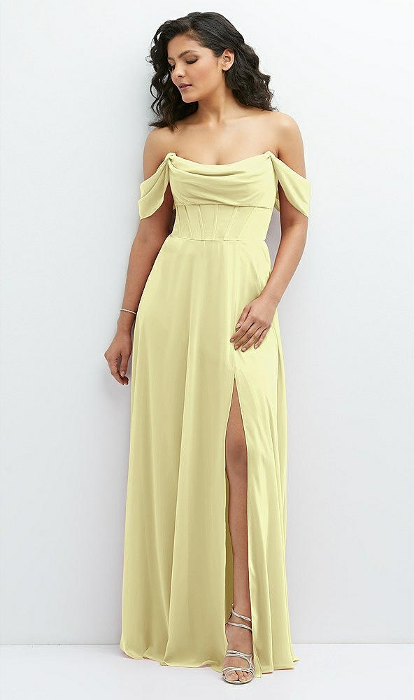 Front View - Butter Yellow Chiffon Corset Maxi Dress with Removable Off-the-Shoulder Swags