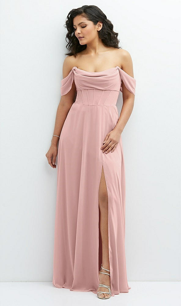 Front View - Rose Chiffon Corset Maxi Dress with Removable Off-the-Shoulder Swags