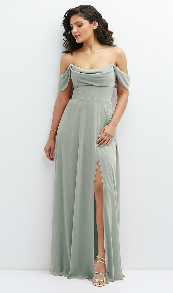 Front View - Willow Green Chiffon Corset Maxi Dress with Removable Off-the-Shoulder Swags