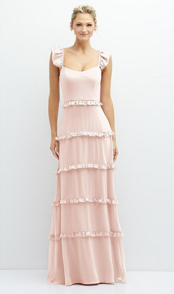 Front View - Blush Tiered Chiffon Maxi A-line Dress with Convertible Ruffle Straps