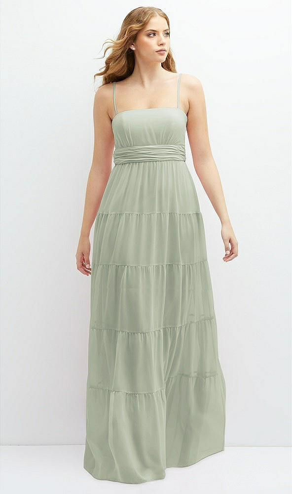 Front View - Celadon Modern Regency Chiffon Tiered Maxi Dress with Tie-Back