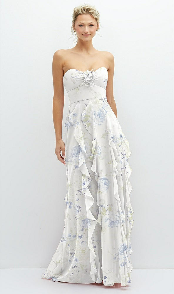 Front View - Bleu Garden Strapless Vertical Ruffle Chiffon Maxi Dress with Flower Detail