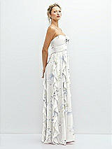 Side View Thumbnail - Bleu Garden Strapless Vertical Ruffle Chiffon Maxi Dress with Flower Detail