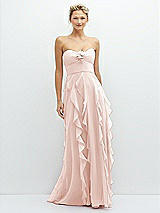 Front View Thumbnail - Blush Strapless Vertical Ruffle Chiffon Maxi Dress with Flower Detail