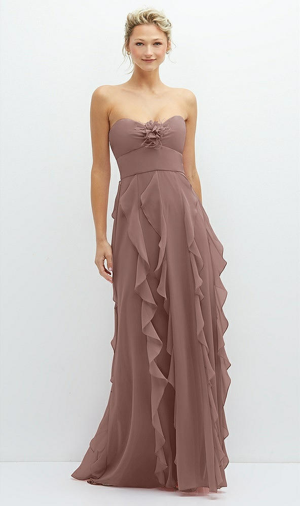 Front View - Sienna Strapless Vertical Ruffle Chiffon Maxi Dress with Flower Detail