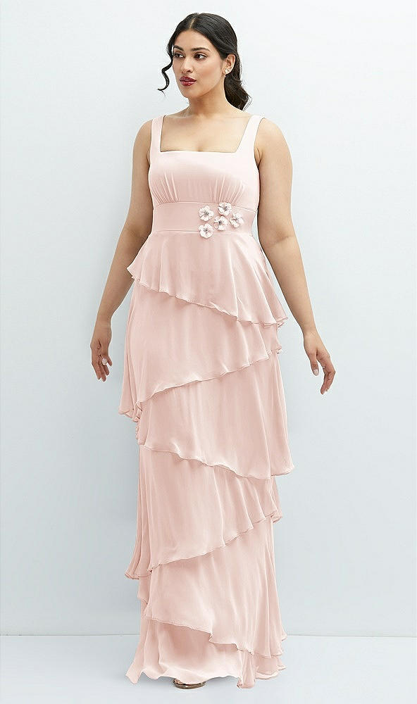 Front View - Blush Asymmetrical Tiered Ruffle Chiffon Maxi Dress with Handworked Flowers Detail