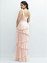 Rear View Thumbnail - Blush Asymmetrical Tiered Ruffle Chiffon Maxi Dress with Handworked Flowers Detail