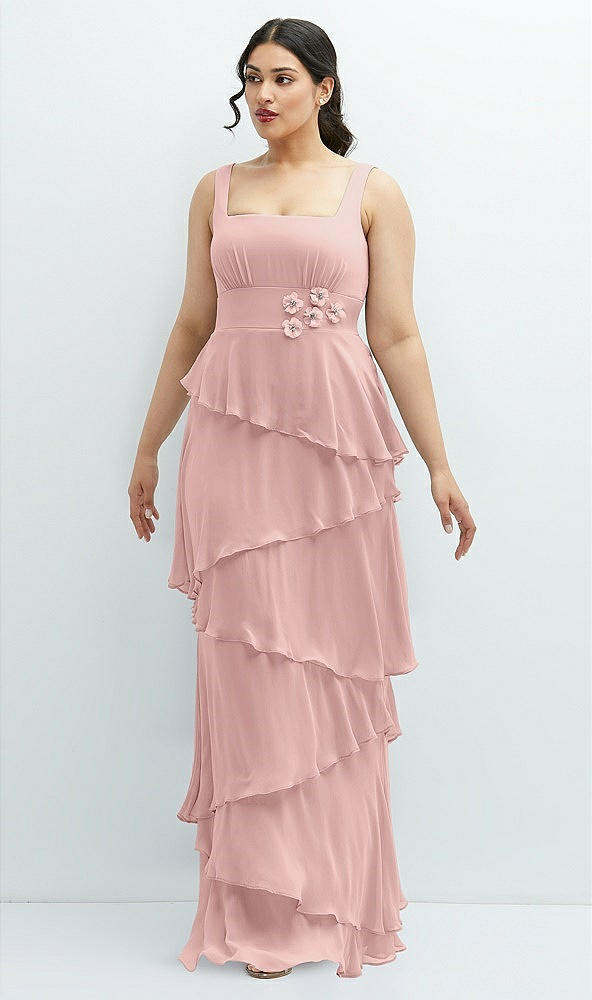 Front View - Rose Asymmetrical Tiered Ruffle Chiffon Maxi Dress with Handworked Flowers Detail