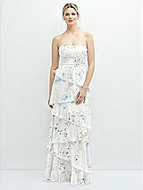 Front View Thumbnail - Bleu Garden Strapless Asymmetrical Tiered Ruffle Chiffon Maxi Dress with Handworked Flower Detail