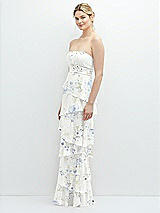 Side View Thumbnail - Bleu Garden Strapless Asymmetrical Tiered Ruffle Chiffon Maxi Dress with Handworked Flower Detail