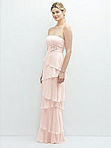 Side View Thumbnail - Blush Strapless Asymmetrical Tiered Ruffle Chiffon Maxi Dress with Handworked Flower Detail