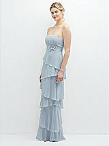 Side View Thumbnail - Mist Strapless Asymmetrical Tiered Ruffle Chiffon Maxi Dress with Handworked Flower Detail