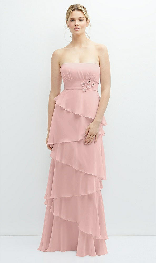 Front View - Rose Strapless Asymmetrical Tiered Ruffle Chiffon Maxi Dress with Handworked Flower Detail