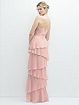 Rear View Thumbnail - Rose Strapless Asymmetrical Tiered Ruffle Chiffon Maxi Dress with Handworked Flower Detail