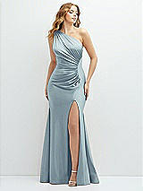 Front View Thumbnail - Mist Asymmetrical Open-Back One-Shoulder Stretch Satin Mermaid Dress