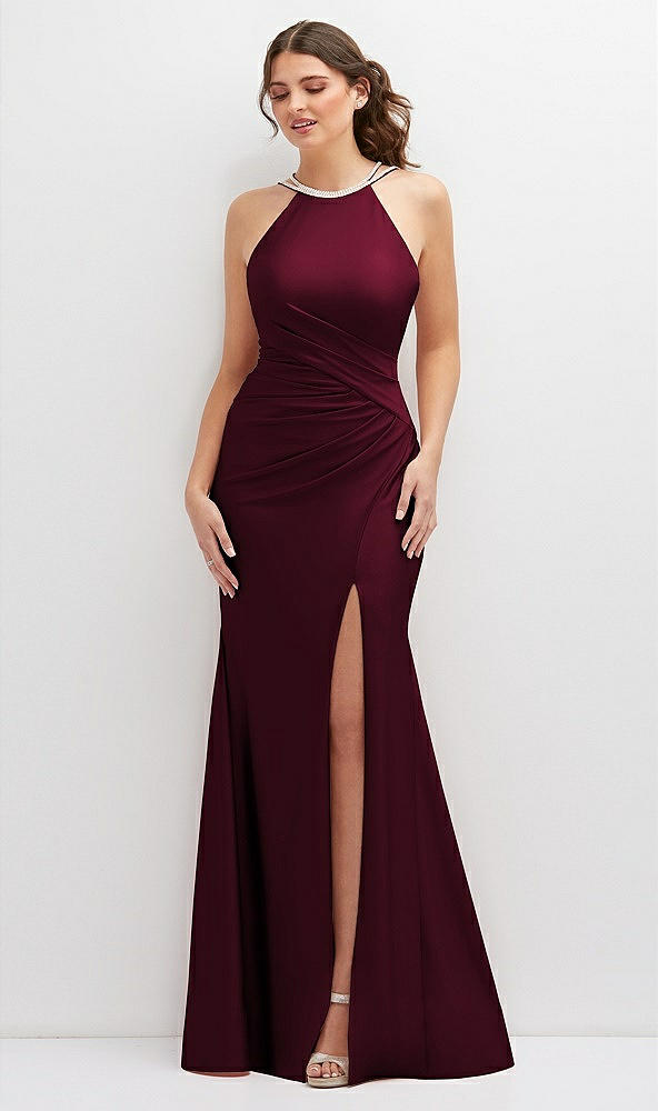 Front View - Cabernet Halter Asymmetrical Draped Stretch Satin Mermaid Dress with Rhinestone Straps