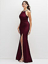 Side View Thumbnail - Cabernet Halter Asymmetrical Draped Stretch Satin Mermaid Dress with Rhinestone Straps