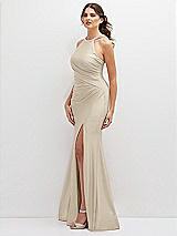 Side View Thumbnail - Champagne Halter Asymmetrical Draped Stretch Satin Mermaid Dress with Rhinestone Straps