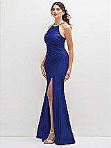 Side View Thumbnail - Cobalt Blue Halter Asymmetrical Draped Stretch Satin Mermaid Dress with Rhinestone Straps