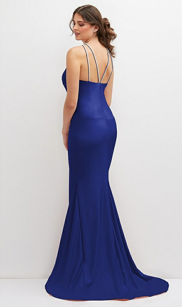 Back View - Cobalt Blue Halter Asymmetrical Draped Stretch Satin Mermaid Dress with Rhinestone Straps