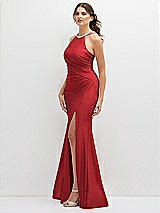 Side View Thumbnail - Poppy Red Halter Asymmetrical Draped Stretch Satin Mermaid Dress with Rhinestone Straps