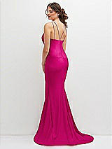 Rear View Thumbnail - Think Pink Halter Asymmetrical Draped Stretch Satin Mermaid Dress with Rhinestone Straps