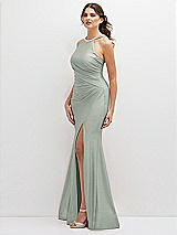 Side View Thumbnail - Willow Green Halter Asymmetrical Draped Stretch Satin Mermaid Dress with Rhinestone Straps