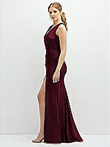 Side View Thumbnail - Cabernet Draped Wrap Stretch Satin Mermaid Dress with Horsehair Hem