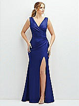 Front View Thumbnail - Cobalt Blue Draped Wrap Stretch Satin Mermaid Dress with Horsehair Hem