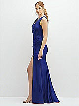 Side View Thumbnail - Cobalt Blue Draped Wrap Stretch Satin Mermaid Dress with Horsehair Hem