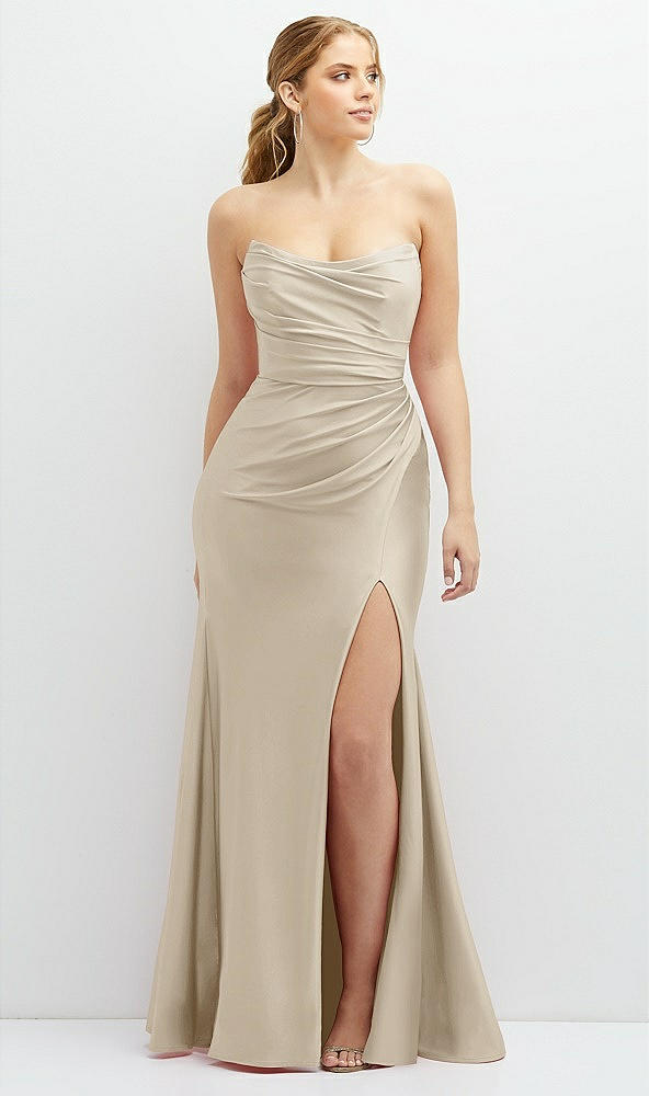 strapless basque-neck draped stretch satin mermaid dress with horsehair hem