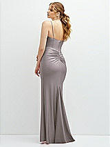 Rear View Thumbnail - Cashmere Gray Rhinestone Strap Stretch Satin Maxi Dress with Vertical Cascade Ruffle