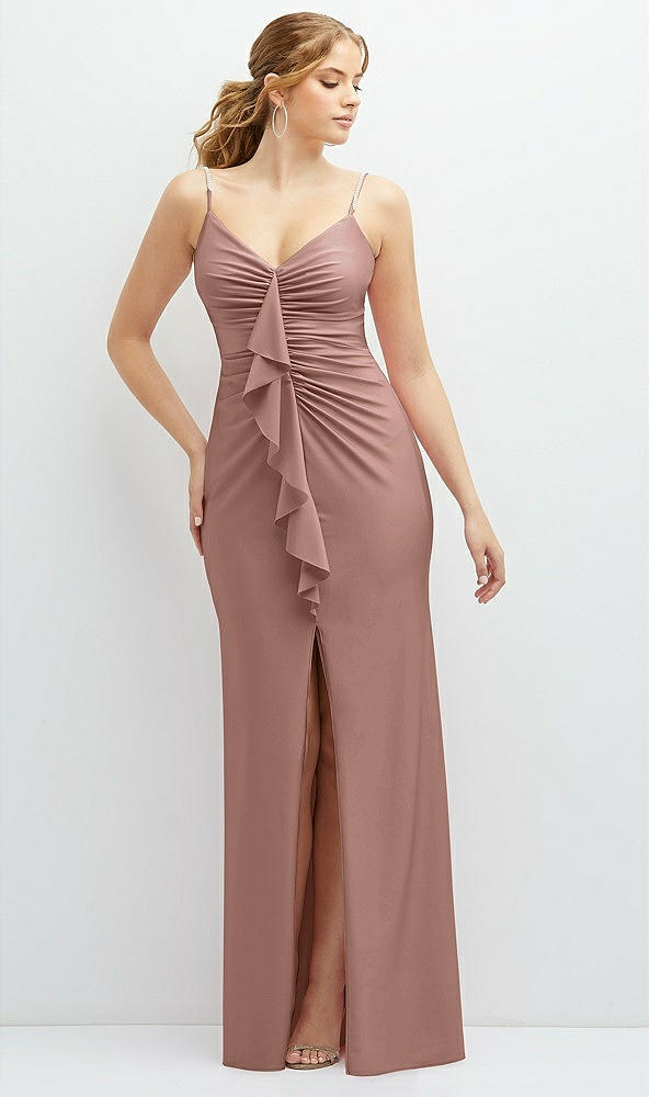 Front View - Neu Nude Rhinestone Strap Stretch Satin Maxi Dress with Vertical Cascade Ruffle