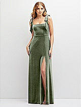 Front View Thumbnail - Sage Square Neck Velvet Maxi Dress with Bow Shoulders