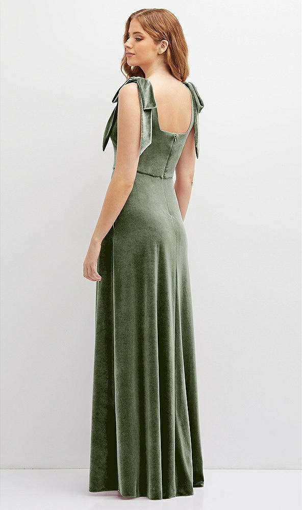 Back View - Sage Square Neck Velvet Maxi Dress with Bow Shoulders