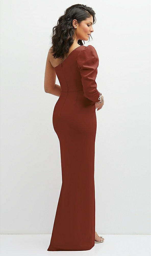 Back View - Auburn Moon 3/4 Puff Sleeve One-shoulder Maxi Dress with Rhinestone Bow Detail