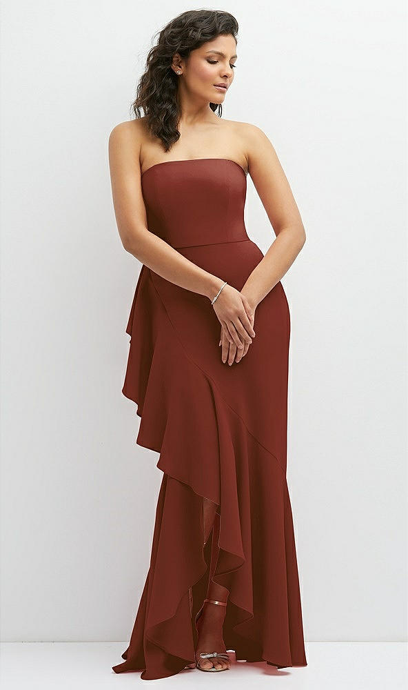 Front View - Auburn Moon Strapless Crepe Maxi Dress with Ruffle Edge Bias Wrap Skirt