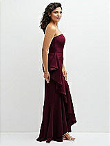 Side View Thumbnail - Cabernet Strapless Crepe Maxi Dress with Ruffle Edge Bias Wrap Skirt