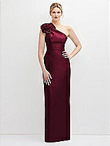 Front View Thumbnail - Cabernet Oversized Flower One-Shoulder Satin Column Dress