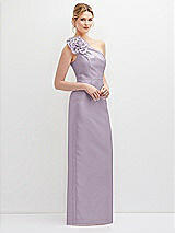 Side View Thumbnail - Lilac Haze Oversized Flower One-Shoulder Satin Column Dress