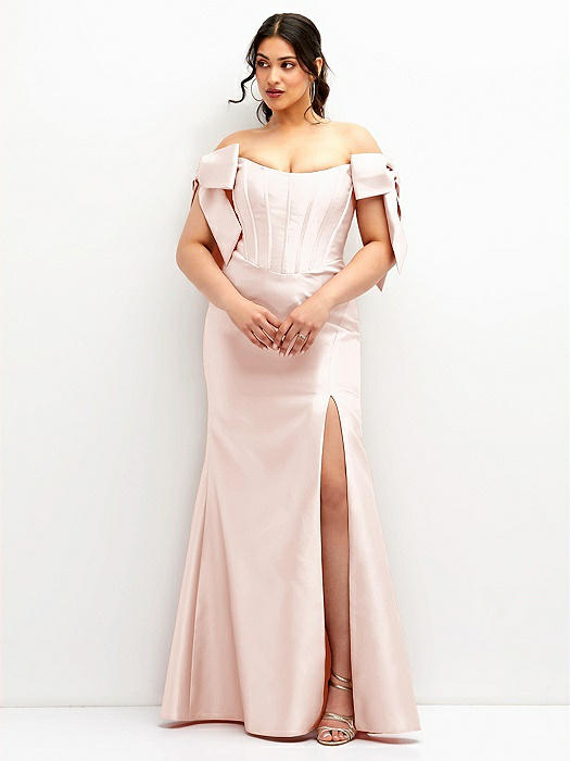 Off-the-Shoulder Bow Satin Corset Dress with Fit and Flare Skirt