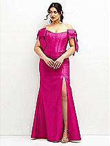 Front View Thumbnail - Think Pink Off-the-Shoulder Bow Satin Corset Dress with Fit and Flare Skirt