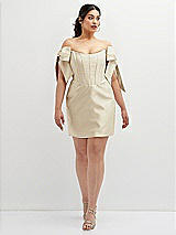 Alt View 2 Thumbnail - Champagne Satin Off-the-Shoulder Bow Corset Fit and Flare Mini Dress