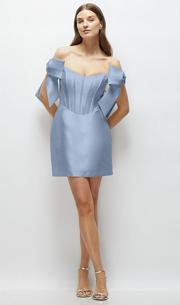 Front View - Cloudy Satin Off-the-Shoulder Bow Corset Fit and Flare Mini Dress