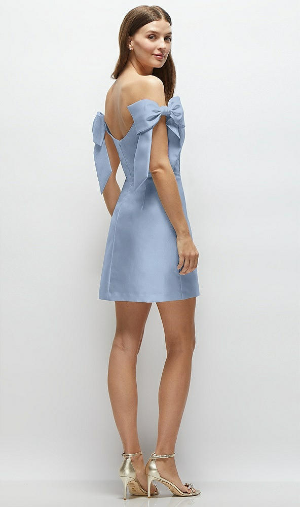 Back View - Cloudy Satin Off-the-Shoulder Bow Corset Fit and Flare Mini Dress