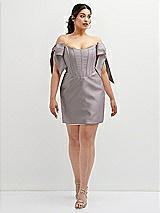 Alt View 2 Thumbnail - Cashmere Gray Satin Off-the-Shoulder Bow Corset Fit and Flare Mini Dress