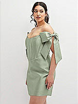 Alt View 1 Thumbnail - Sage Satin Off-the-Shoulder Bow Corset Fit and Flare Mini Dress